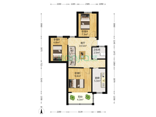 解放门 3室1厅1卫 67平方