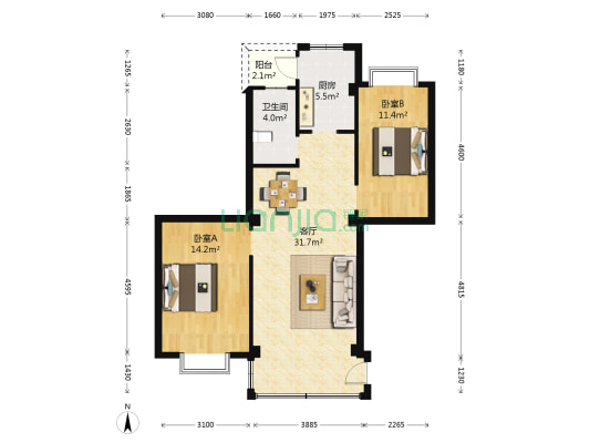松园小区 2室1厅1卫 90平方