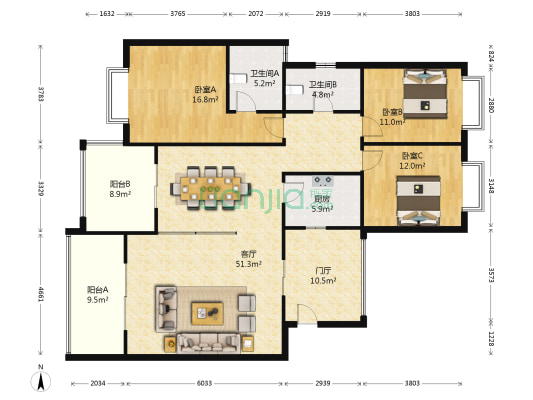 都市水岸 3室1厅2卫 136平方