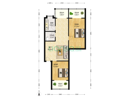 二道桥街72号 2室1厅1卫 93平方