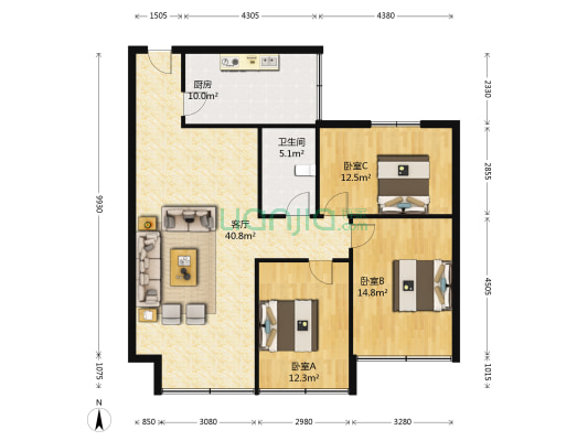 金山街 3室1厅1卫 105平方