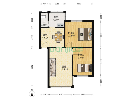 造漆村 2室2厅1卫 63平方