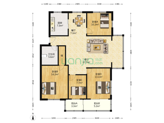 水心住宅区鹿组团 4室2厅1卫 132平方