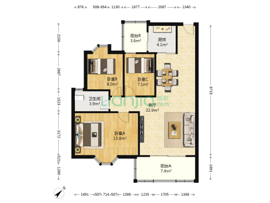 雅景居 3室1厅1卫 89平方