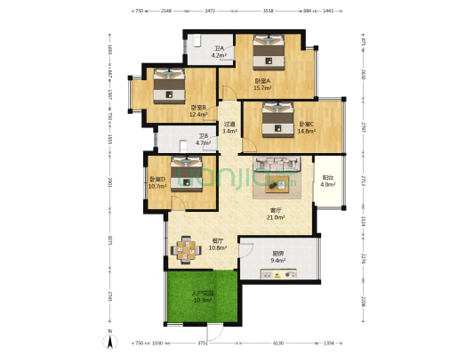 虹祥花郡B区 4室2厅2卫 132平方