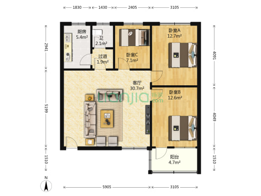 椰林公寓 3室1厅1卫 88平方