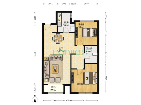 万科城四期 2室1厅1卫 101平方