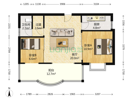 蔚蓝天空大厦 2室1厅1卫 87平方