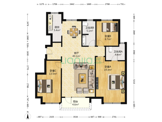 龙湖星海彼岸 3室1厅2卫 115平方