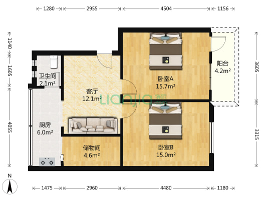 南兴巷1号院 2室1厅1卫 68平方