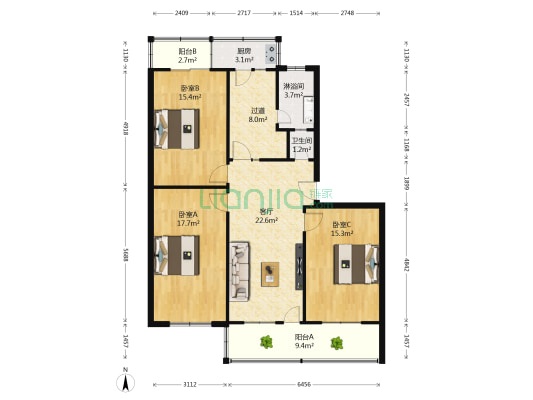 花园街小区 3室1厅2卫 110平方