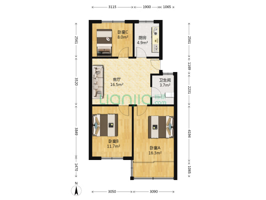天都花园 3室1厅1卫 75平方