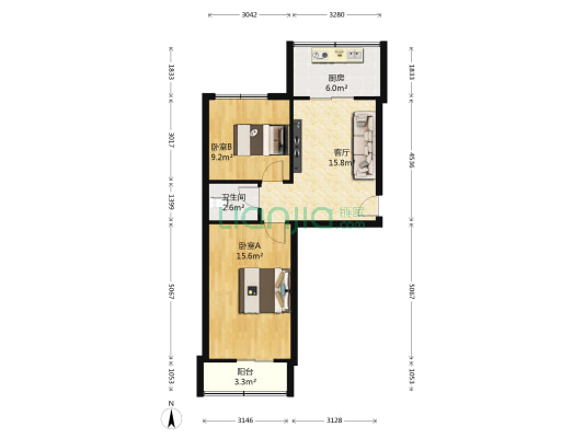 中航工业西控甲楼大院 2室1厅1卫 60平方