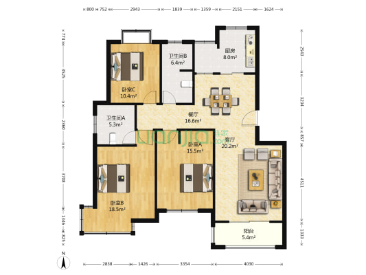 康庭苑 3室2厅2卫 129平方