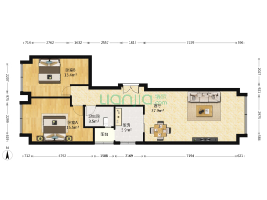 玥湖园 2室1厅1卫 93平方