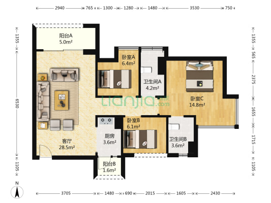 万荟玖珑 3室1厅2卫 84平方