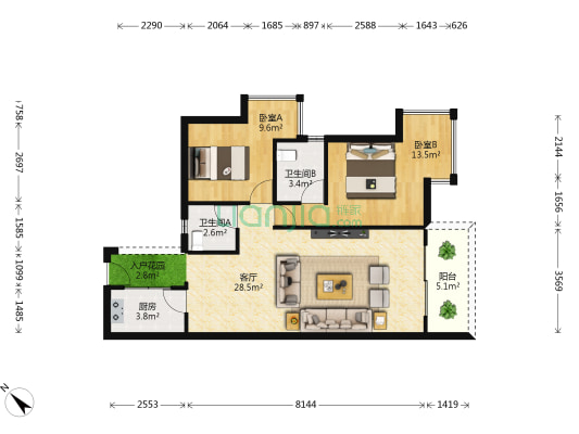昌茂·城邦 2室1厅2卫 95平方