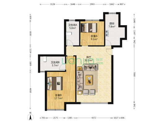 经纬城市绿洲滨海 2室1厅2卫 97平方