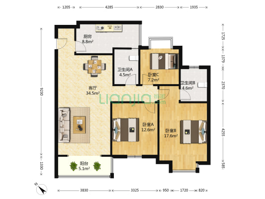 六号花园 3室1厅2卫 108平方