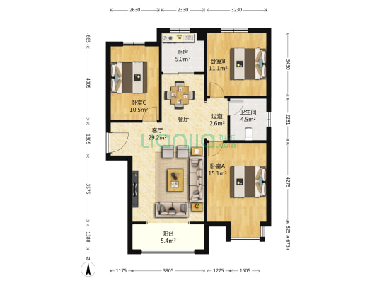 海天国际 3室1厅1卫 115平方