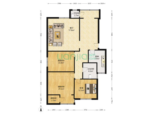 大观街91号院 1室1厅2卫 136平方