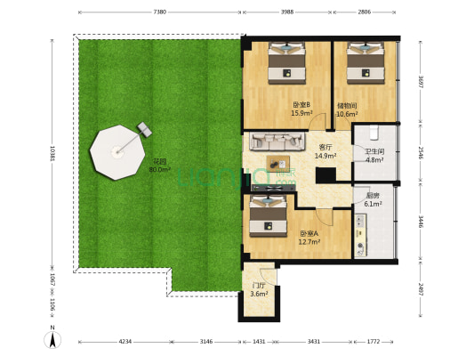 旺府公寓 2室1厅1卫 77平方