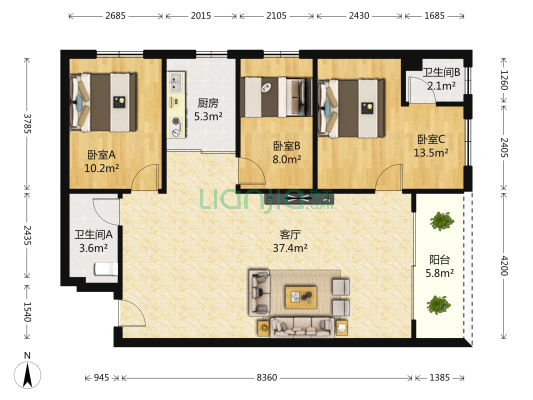 卫山北二路 3室1厅2卫 98平方