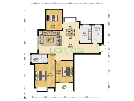 国际景园 3室1厅2卫 135平方