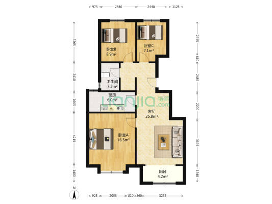 绿地泉景嘉园 3室1厅1卫 95平方