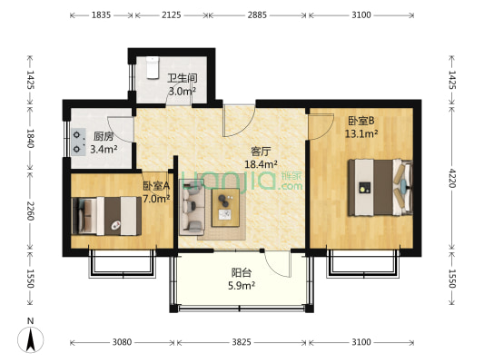 米兰阳光 2室1厅1卫 75平方