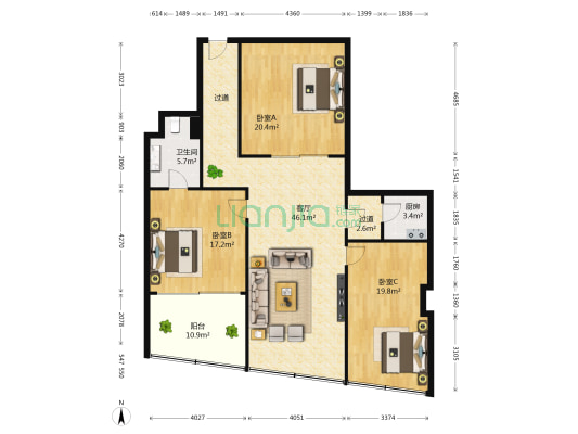 日航公寓 3室1厅1卫 199平方