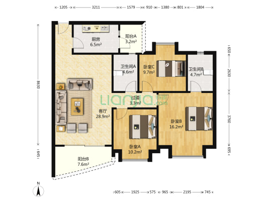 新塘新世界花园嘉华苑 3室1厅2卫 103平方