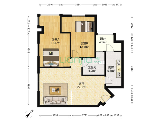 十里和府 2室1厅1卫 90平方