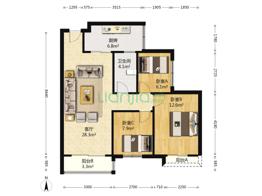 明发御景园 3室1厅1卫 94平方
