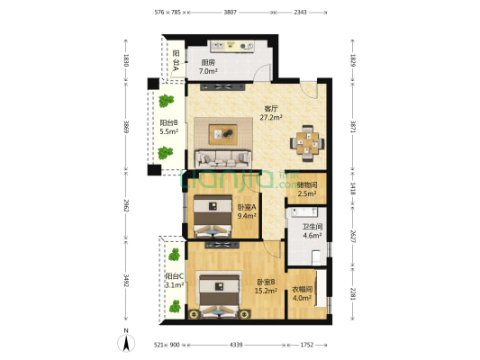 中华名园一期 2室1厅1卫 94平方