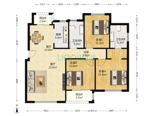 康桥溪棠 3室2厅2卫 128平方