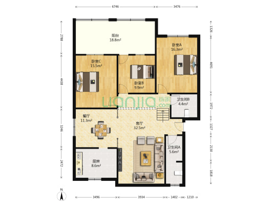 新世纪家园 3室2厅2卫 142平方