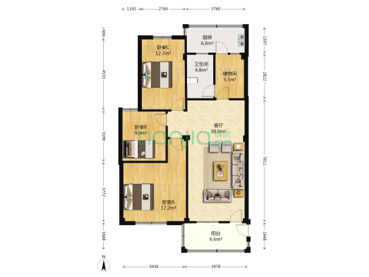兴发楼 3室1厅1卫 110平方