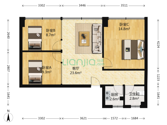台湾花园大厦 3室1厅1卫 82平方