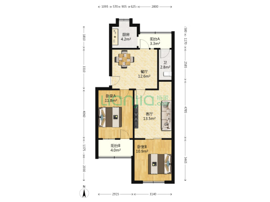 新华南苑 2室2厅1卫 60平方