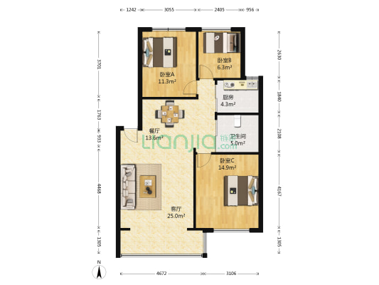启明花园一期 3室2厅1卫 109平方