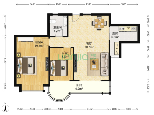 新贵都三期 2室1厅1卫 103平方