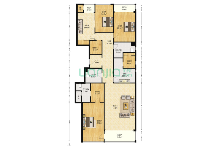 3室2厅4卫273㎡-北京金宸国际公寓户型图