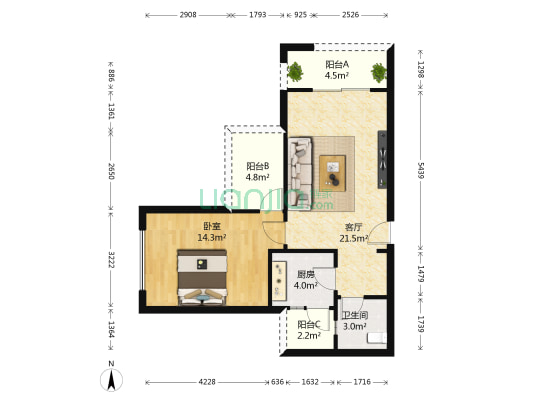 优品时代三期 1室1厅1卫 62平方