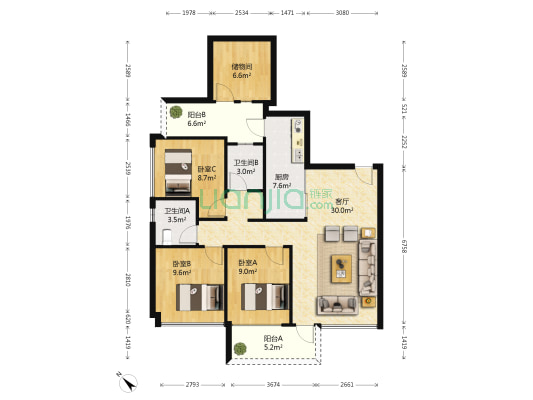 佳兆业中央广场三期 3室1厅2卫 89平方