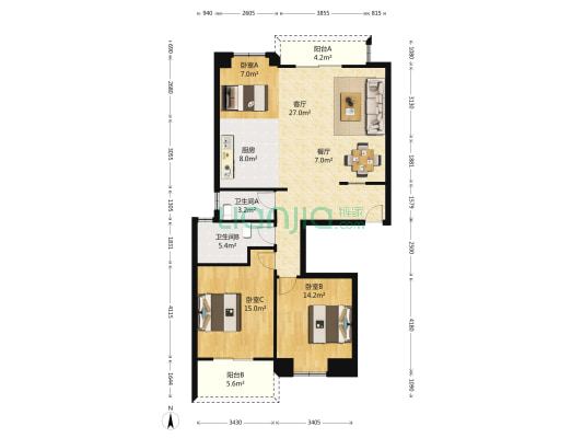 明阳东都 3室2厅2卫 115平方