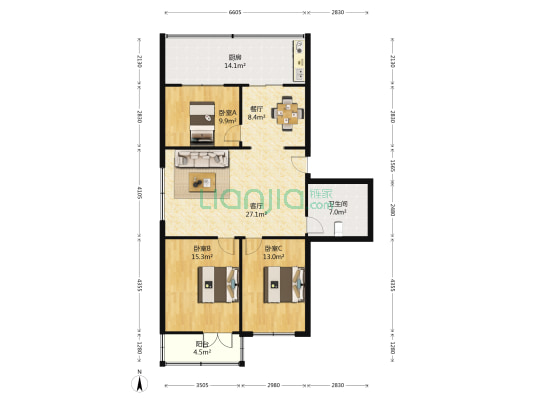 山西煤炭职业技术学院住宅小区 3室2厅1卫 103平方