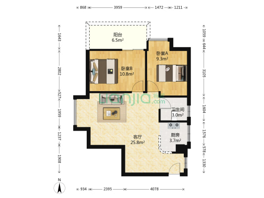 白云畔山花园圣地摩坊 2室1厅1卫 73平方