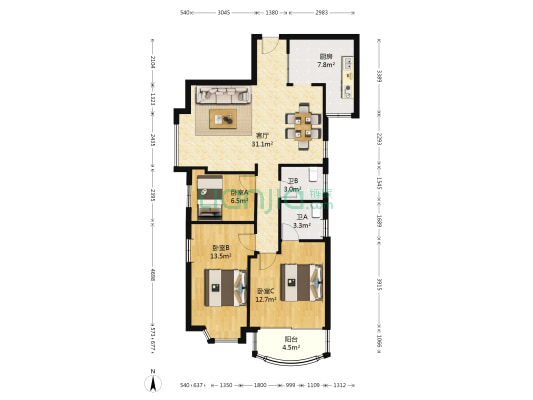 春晖苑(天河) 3室1厅2卫 107平方