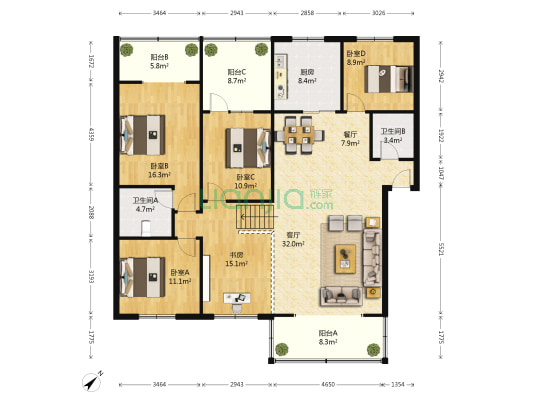 成都双流供电局家属院 5室2厅2卫 157平方
